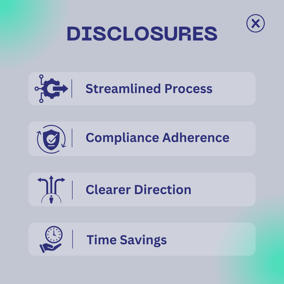 Disclosures, Streamlined Process, Compliance Adherence, Clearer Direction, Time Savings